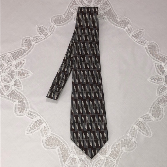 PIERRE CARDIN Gray Burgundy Geometric Silk Tie 60” x 4” - Picture 5 of 8
